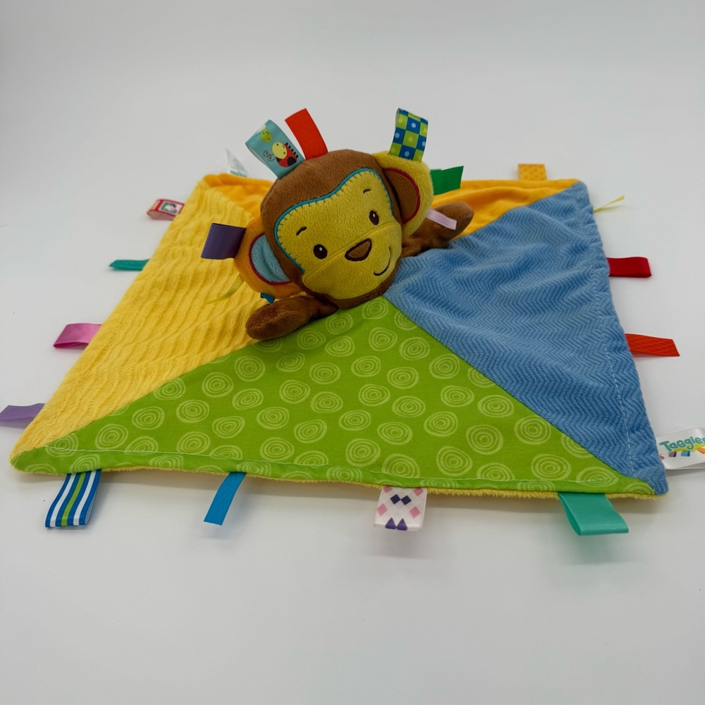 Taggies Patchkin Security Blanket Sensory Plush Multicolor Brown Monkey Toy‎